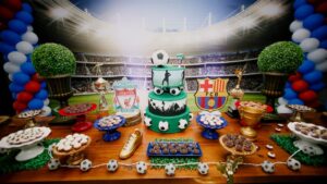 World Cup 2026 — Vibrant football-themed dessert table with cake, sweets, and decorations for a birthday party.